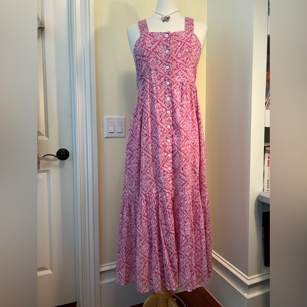 Banjanan Helena Sachet Tile Pink Button Front Sleeveless Midi Dress
